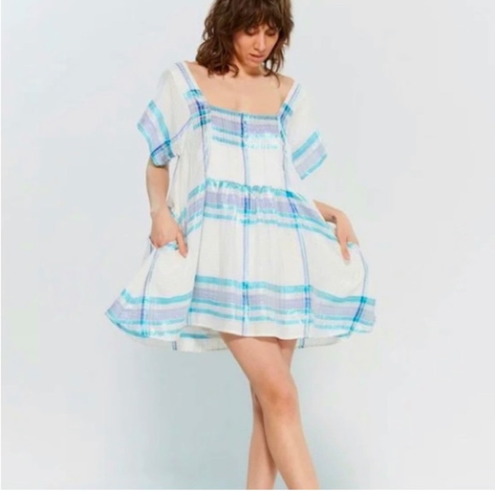 Free people barcelona mini dress (white w/blue &purple detailing)